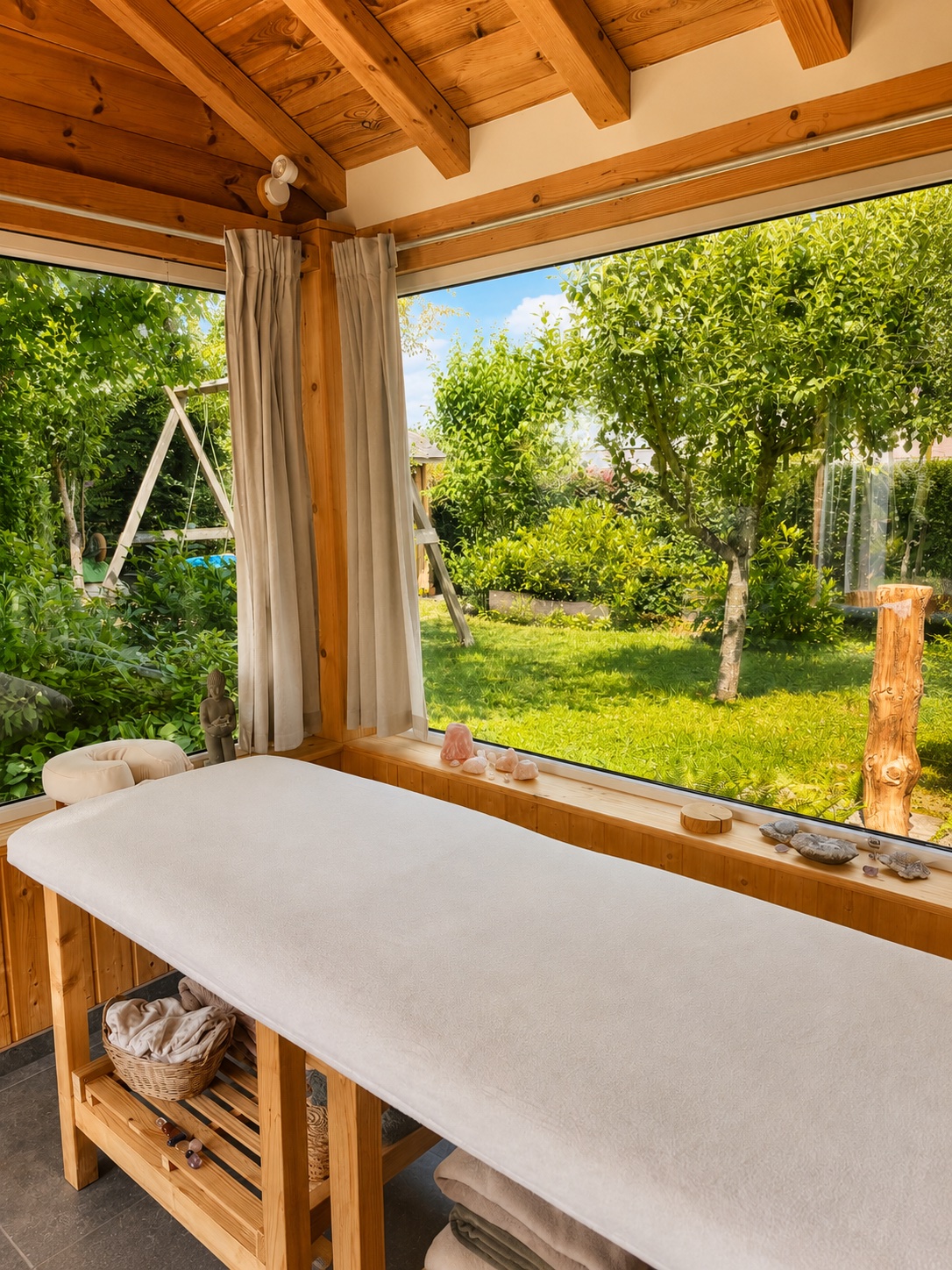 Behandlungsraum mit Massageliege und Blick in den Garten
