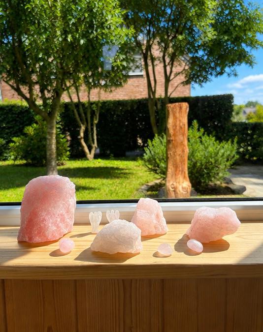 Rosenquarz-Kristalle auf der Fensterbank